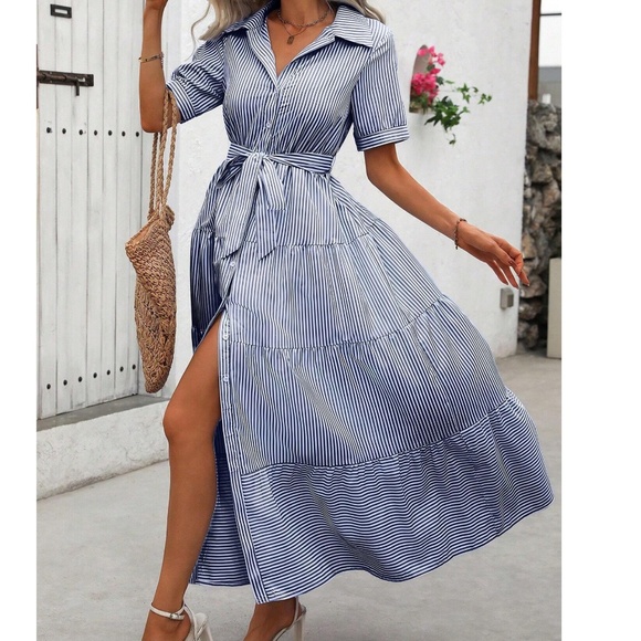 Boho Striped Butto Belted Short Sleeve Ruffle Hem Shirt dress - Picture 3 of 5